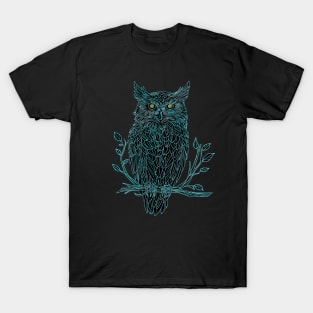 Great Horned Owl drawing in blue T-Shirt